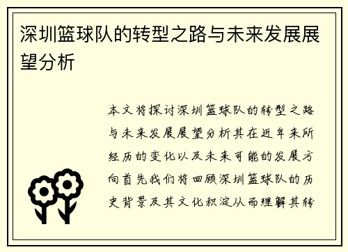 深圳篮球队的转型之路与未来发展展望分析